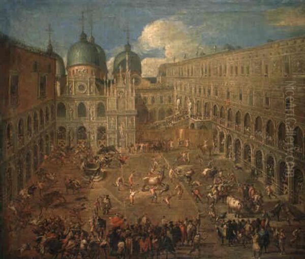 A Bullfight In The Courtyard Of The Doge's Palace, Venice Oil Painting by Joseph Heintz the Younger