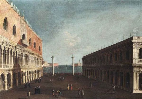 The Piazzetta, Venice, With The Libreria, The Ducal Palace And The Columns Of San Marco And San Teodoro, Looking South Towards San Giorgio Maggiore Oil Painting by Giuseppe Heinz the Younger