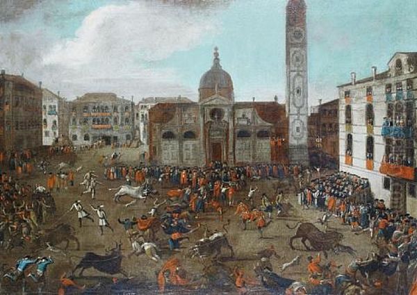 The Carnival Bullfight In Campo Santa Maria Formosa, Venice Oil Painting by Giuseppe Heinz the Younger