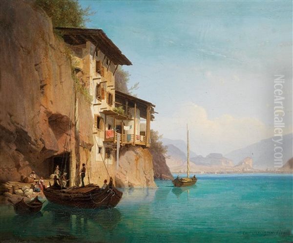 Die Osteria Von Ponale Am Gardasee Oil Painting by Carl Friedrich Heinzmann