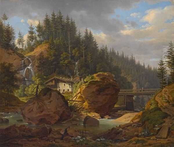 Muhle An Der Ammer Bei Bayersoien Oil Painting by Carl Friedrich Heinzmann