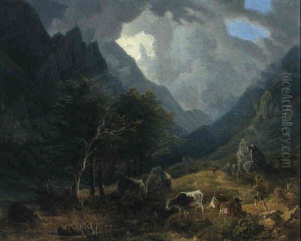 Gebirgslandschaft Mit Wanderer Und Kuhen Oil Painting by Carl Friedrich Heinzmann