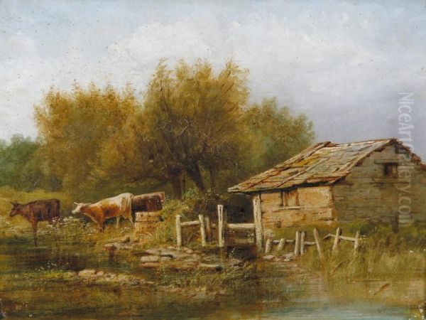 Cattle Watering Beside A Building In A Landscape Oil Painting by W. Banks