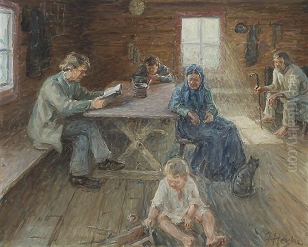 Peaceful Moment In A Farmer's Cabin Oil Painting by Jonas Heiska