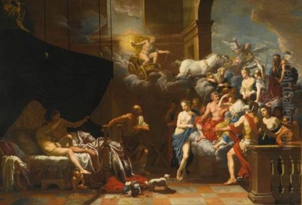 Vulcan Surprising Venus And Mars In Bed Before An Assembly Of The Gods Oil Painting by Johann Heiss