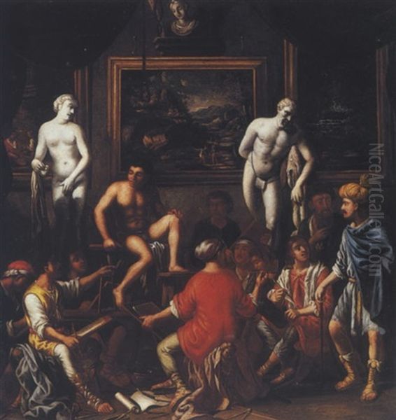 Students Drawing A Nude Male Model Observed By An Oriental, With Casts And Paintings Beyond Oil Painting by Johann Heiss