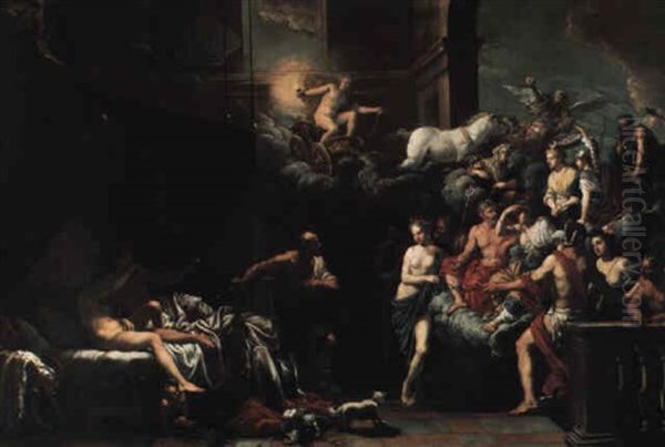 Vulcan Surprising Venus And Mars In Bed Before An Assembly Of The Gods Oil Painting by Johann Heiss