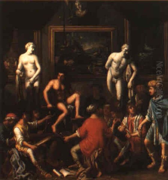 Students Drawing A Nude Male Model With Casts And Paintings Beyond Oil Painting by Johann Heiss