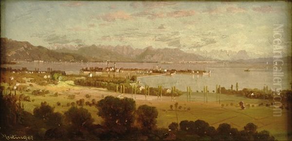 Blick Von Der Hohe Des Hoyerberges Auf Die Inselstadt Lindau Und Den Bodensee Mit Bregenz Am Jenseitigen Ufer Oil Painting by Paul Heitinger