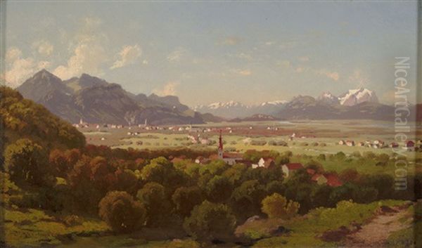 Blick Von Leichter Anhohe Auf Dornbirn Und Das Rheintal Mit Santismassiv Oil Painting by Paul Heitinger