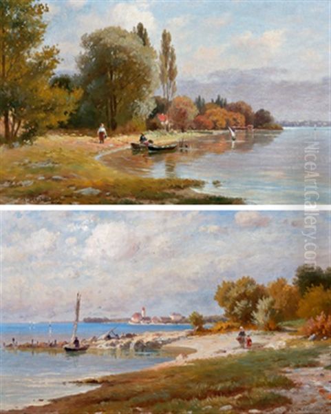 Bodenseeufer Mit Blick Auf Eine Stadt (+ Bodenseeufer Mit Fischerboot Im Vordergrund; 2 Works) Oil Painting by Paul Heitinger