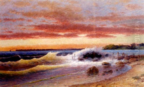 Brandung Am Abendlichen Bodenseeufer In Der Bucht Von Nonnenhorn Oil Painting by Paul Heitinger