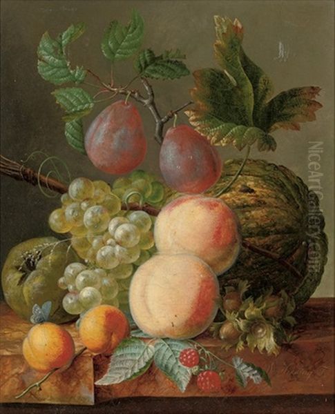 Peaches, Grapes, Plums, Raspberries And A Gourd On A Marble Ledge Oil Painting by Willem Hekking Jr.