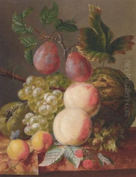 Peaches, Grapes, Plums, Raspberries And A Gourd On A Marble Ledge Oil Painting by Willem Hekking Jr.