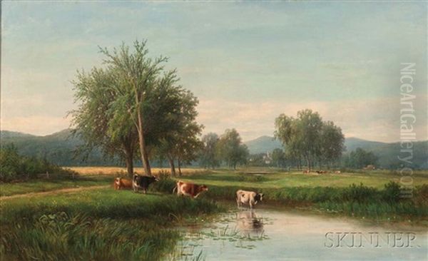 Verdant Landscape With Cows At A Watering Hole Oil Painting by Joseph Antonio Hekking