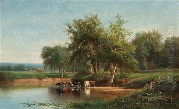 Cows At A Watering Hole Oil Painting by Joseph Antonio Hekking