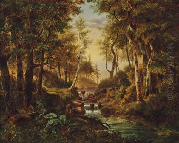 Woodland Steam With Waterfall by Joseph Antonio Hekking