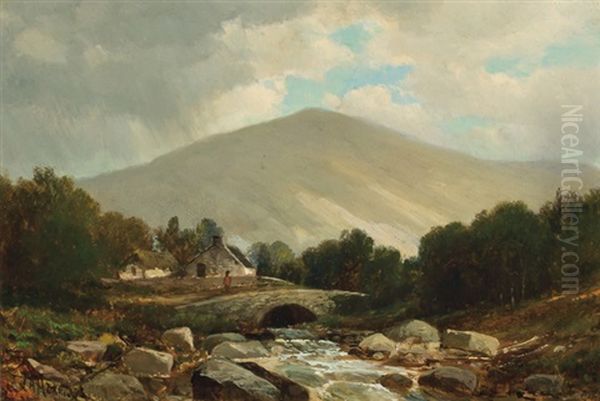 The Bridge; Running Brook; Cattle On A Path; Autumn Landscape (4 Works) Oil Painting by Joseph Antonio Hekking