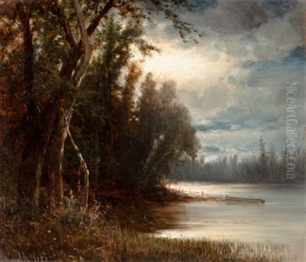 Moonlight Over The River Oil Painting by Joseph Antonio Hekking