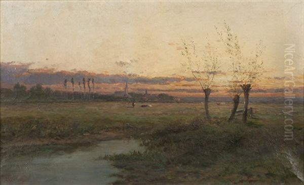 Dutch Landscape With Distant Village At Sunset Oil Painting by Joseph Antonio Hekking