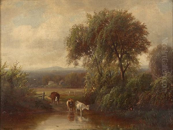 Cows Watering In A Landscape Oil Painting by Joseph Antonio Hekking