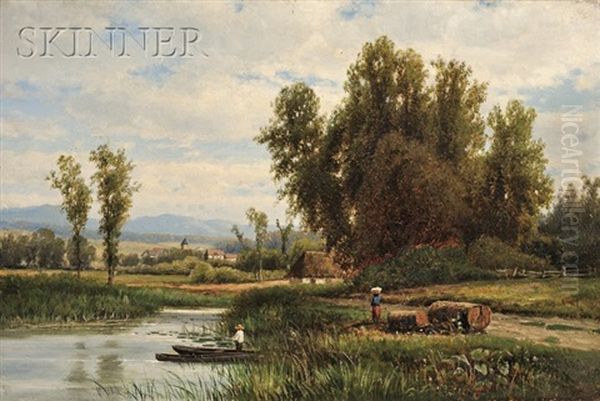 Fishing In A Marsh Oil Painting by Joseph Antonio Hekking