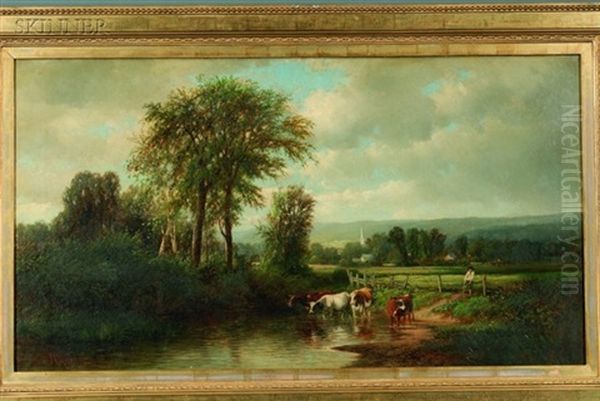 Cattle Watering Oil Painting by Joseph Antonio Hekking