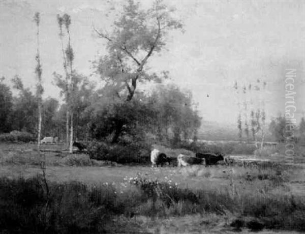 Cows Grazing In The Water Meadow Oil Painting by Joseph Antonio Hekking