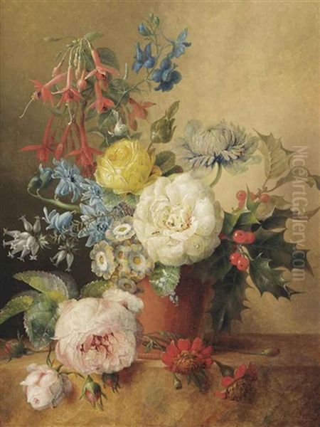 A Fuchsia, Roses, Chrysantheum, Holly And Other Flowers In A Terra Cotta Vase, On A Marble Ledge Oil Painting by Willem Hekking