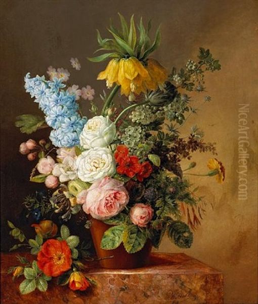 A Still Life Of Roses, A Hyacinth, A Fritillaria And Other Flowers In A Terra Cotta Pot Oil Painting by Willem Hekking