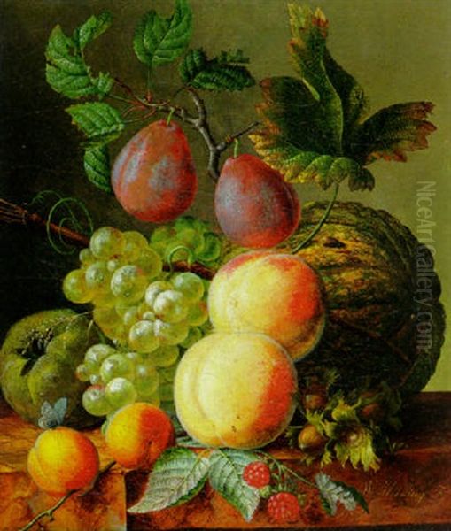 Peaches, Grapes, Apricots, Plums And Melon On A Marble Ledge Oil Painting by Willem Hekking