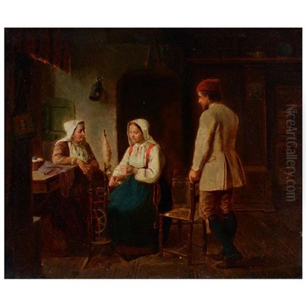 Figures In An Interior Oil Painting by Victor Sven Helander