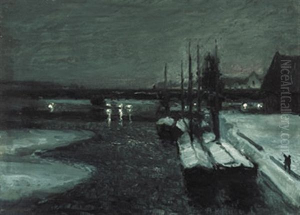 Winterabend In Einem Hafen Oil Painting by Alfred Hermann Helberger