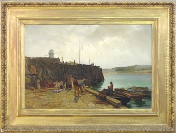 Bringing In The Catch (harbor Scene With Eels Laying On The Ground And A Group Of Men And Women Conversing Near The Water (along The Coast Of Guernsey?) Oil Painting by Arnold Helcke