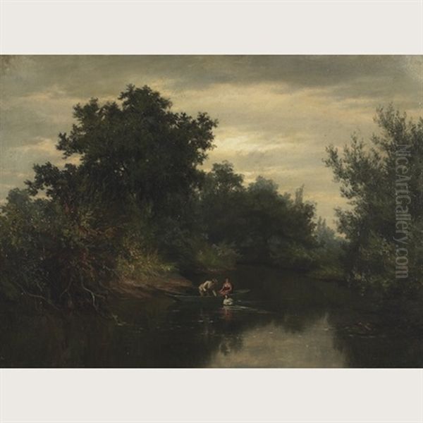 A View On The River Mole, Surrey Oil Painting by Arnold Helcke