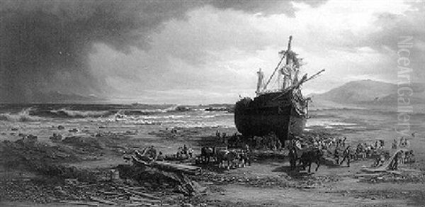 Figures Near A Shipwreck On The Beach At Low Tide Oil Painting by Arnold Helcke