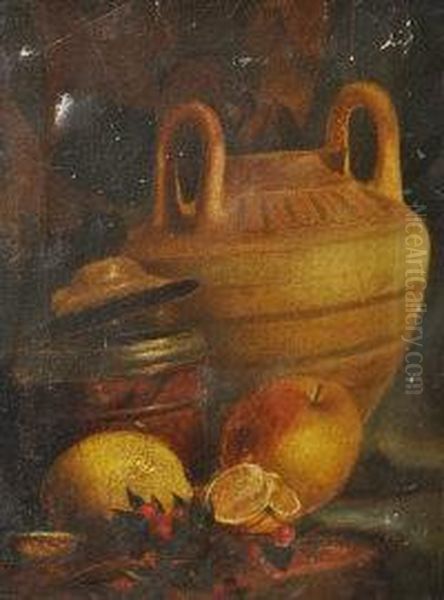 Still Life Of A Terracotta Jar And Fruit Oil Painting by Alfred Banner