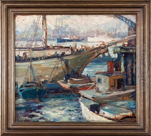 Boats In The Busy Port Oil Painting by Knute Heldner