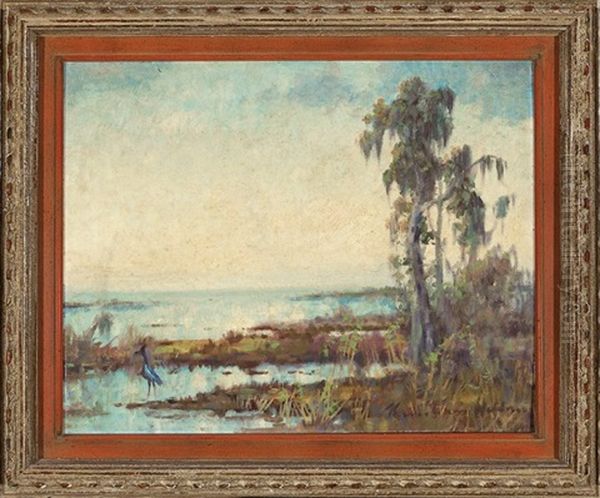 Louisiana Coastal Landscape With A Great Blue Heron Oil Painting by Knute Heldner