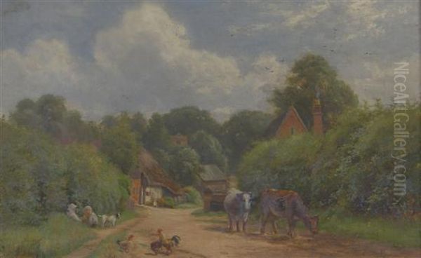 Country Track With Cows, Chickens And Two Children Oil Painting by Alfred Banner