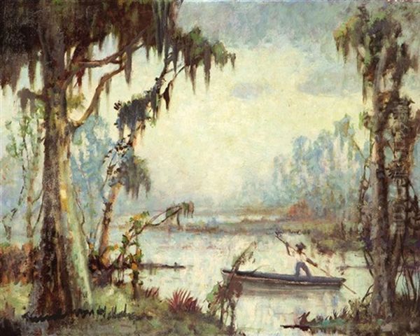 Louisiana Bayou With Fisherman In Pirogue Oil Painting by Knute Heldner