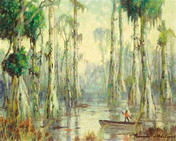 Louisiana Cypress Swamp With Fisherman In Pirogue by Knute Heldner