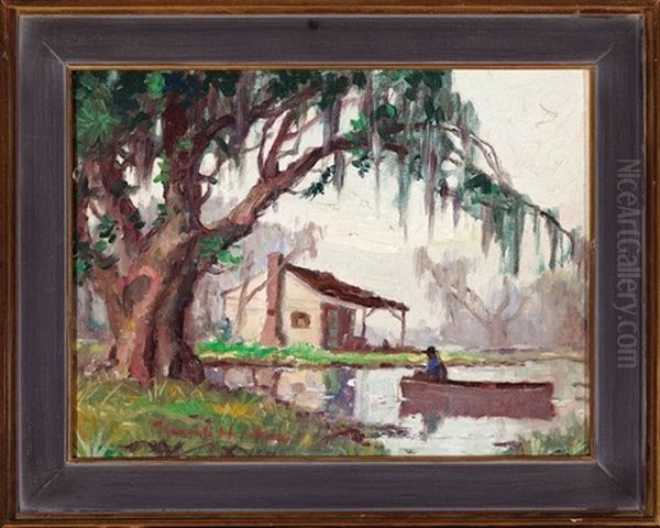 Cabin And Fisherman In A Pirogue, Louisiana Bayou Oil Painting by Knute Heldner