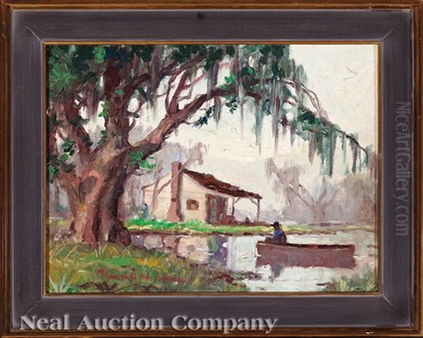 Cabin And Fisherman In A Pirogue, Louisiana Bayou Oil Painting by Knute Heldner