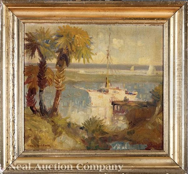 View Along The Coast, Sailboat At The Pier And Sable Palms Oil Painting by Knute Heldner