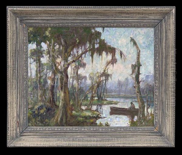 Louisiana Bayou With A Fisherman In A Pirogue Oil Painting by Knute Heldner