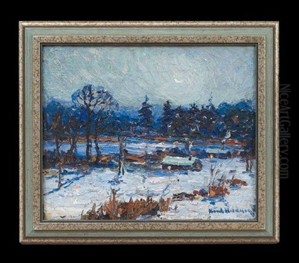 Minnesota Moonlit Winter Landscape With A Cabin And Autumnal Wooded Landscape (double-sided) Oil Painting by Knute Heldner