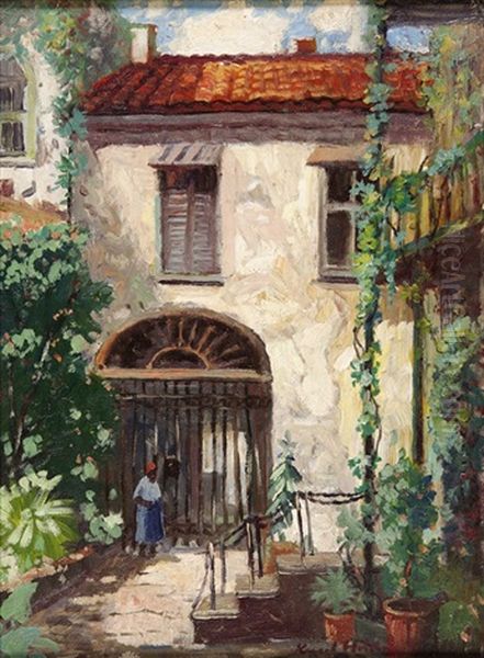 French Quarter Courtyard Oil Painting by Knute Heldner