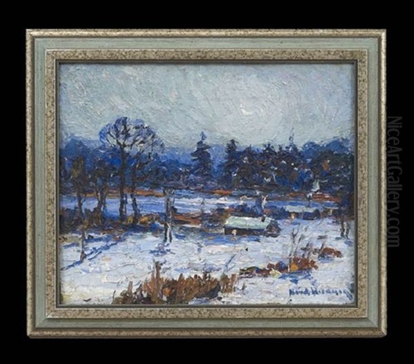 Minnesota Moonlit Winter Landscape With A Cabin And Autumnal Wooded Landscape (double-sided) Oil Painting by Knute Heldner