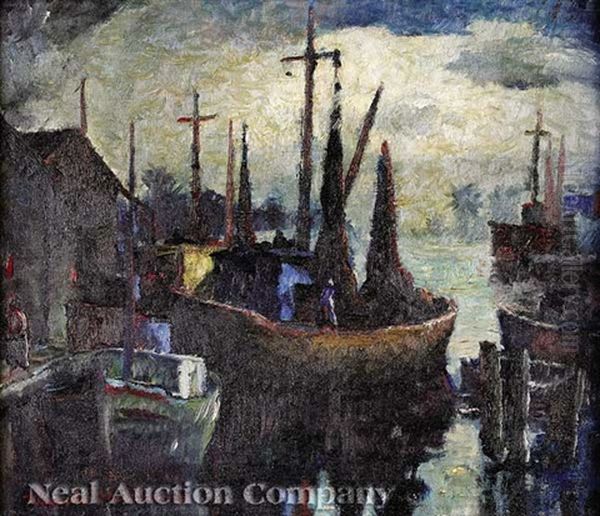 Shrimp Boats At The Canal Oil Painting by Knute Heldner